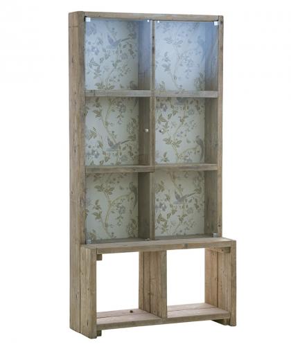 Bookcase with clear glass and floral back panel. 